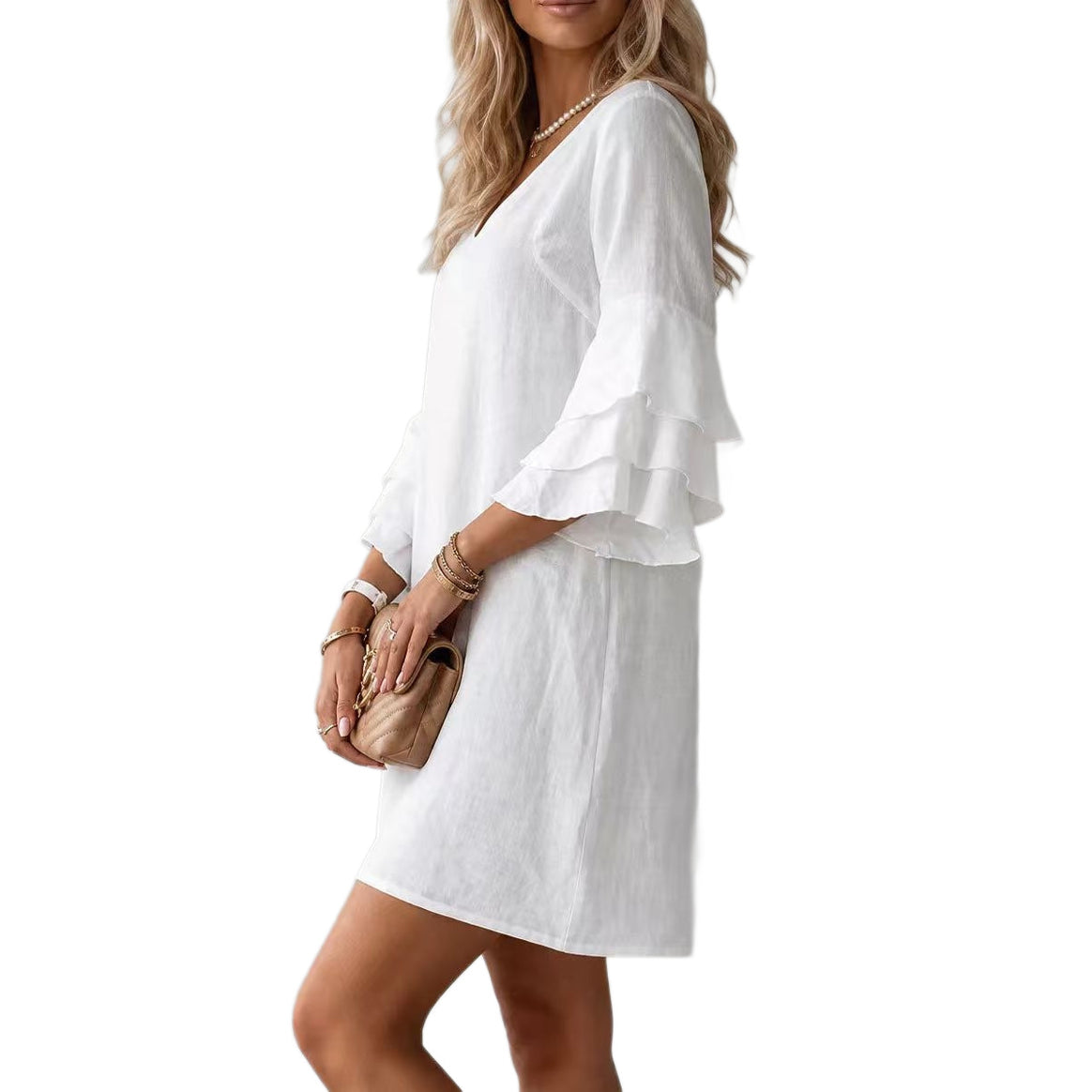 Women's Linen Look Mini Dress with V-Neck and Voluminous Tiered Sleeves Mune Fashion