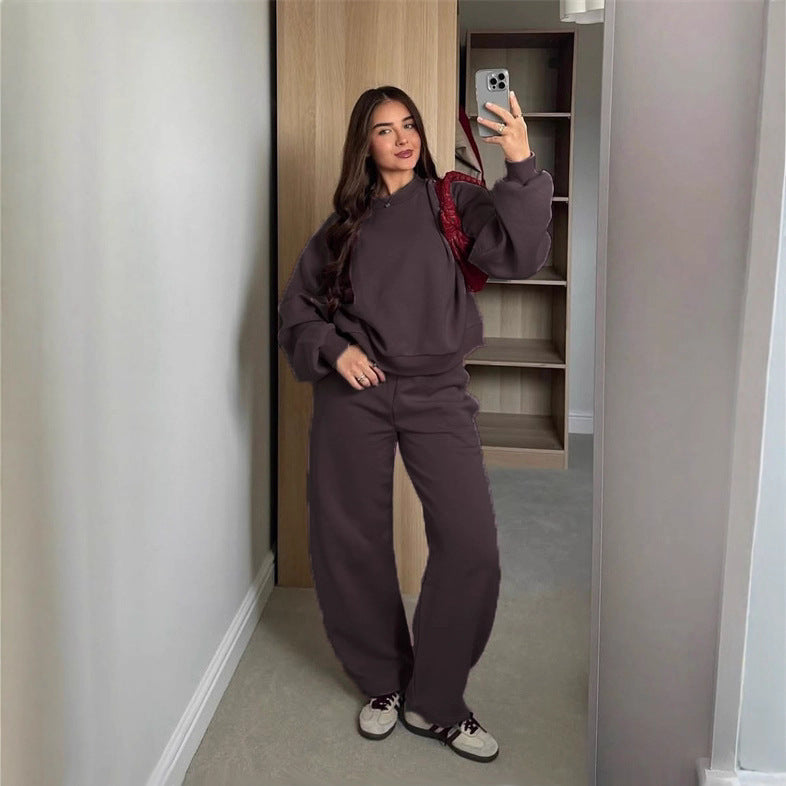 Women's Cropped Sweatshirt with High Round Neck and Elastic Drawstring Wide-Leg Jogging Pants Set Mune Fashion