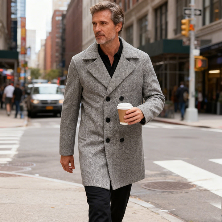 Men's Double-Breasted Herringbone Wool Blend Car Coat with Tailored Fit and Quilted Thermal Lining Mune Fashion