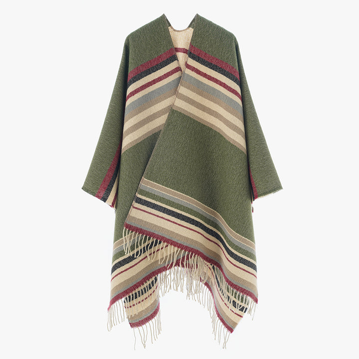 Women Striped Wool Blend Cape Poncho with Fringes Mune Fashion