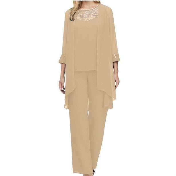 Women's flowing chiffon evening ensemble with lace trim, kimono cardigan and wide palazzo pants Mune Fashion