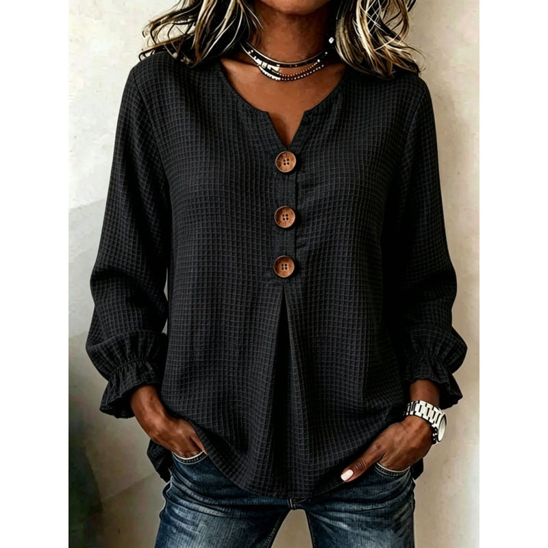 Women's Loose Cotton-Style Tunic Shirt with Decorative Button Placket and Pleat Mune Fashion