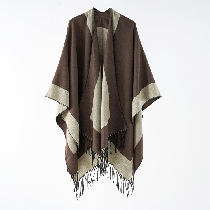 Women Oversize Reversible Cape Poncho made of Wool Blend with Fringing Mune Fashion