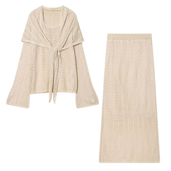 Women's Openwork Knit Set with Open Cardigan and Midi Skirt Mune Fashion