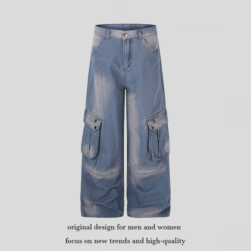 Women's High-Waisted Culotte Jeans in Workwear Style with Large Flap Pockets and Used Finish Mune Fashion