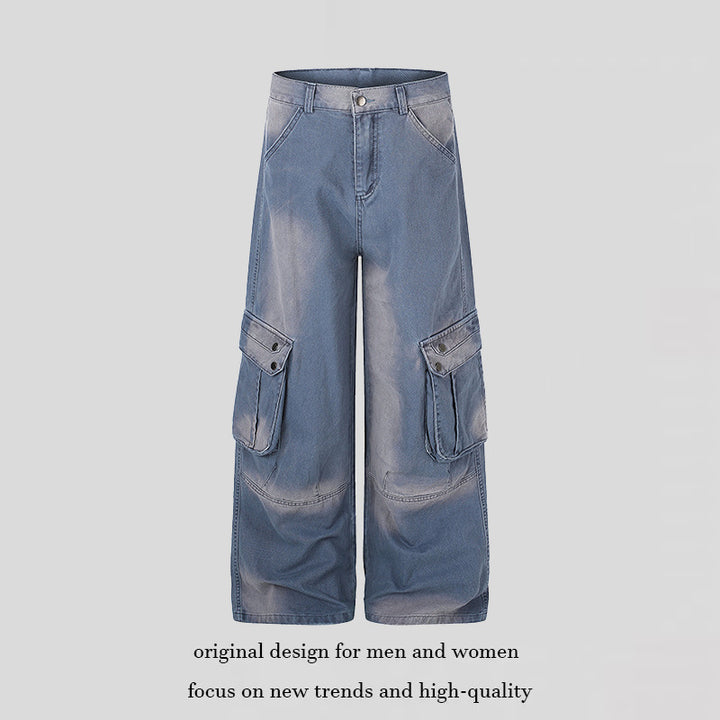 Women's High-Waisted Culotte Jeans in Workwear Style with Large Flap Pockets and Used Finish Mune Fashion