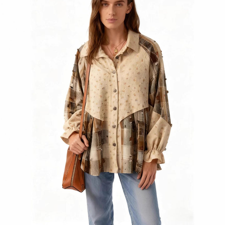 Women's patchwork blouse jacket with pleated hem and button placket Drune