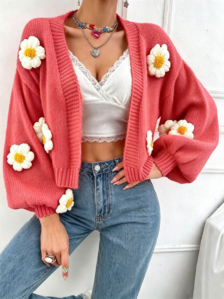Women's Short-Cut Chunky Knit Cardigan with 3D Flower Applications Mune Fashion