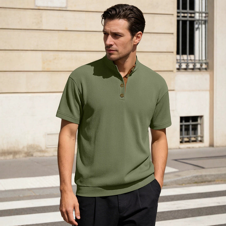 Men's Waffle Structure Short Sleeve Henley with Stand-Up Collar and Decorative Button Placket Mune Fashion