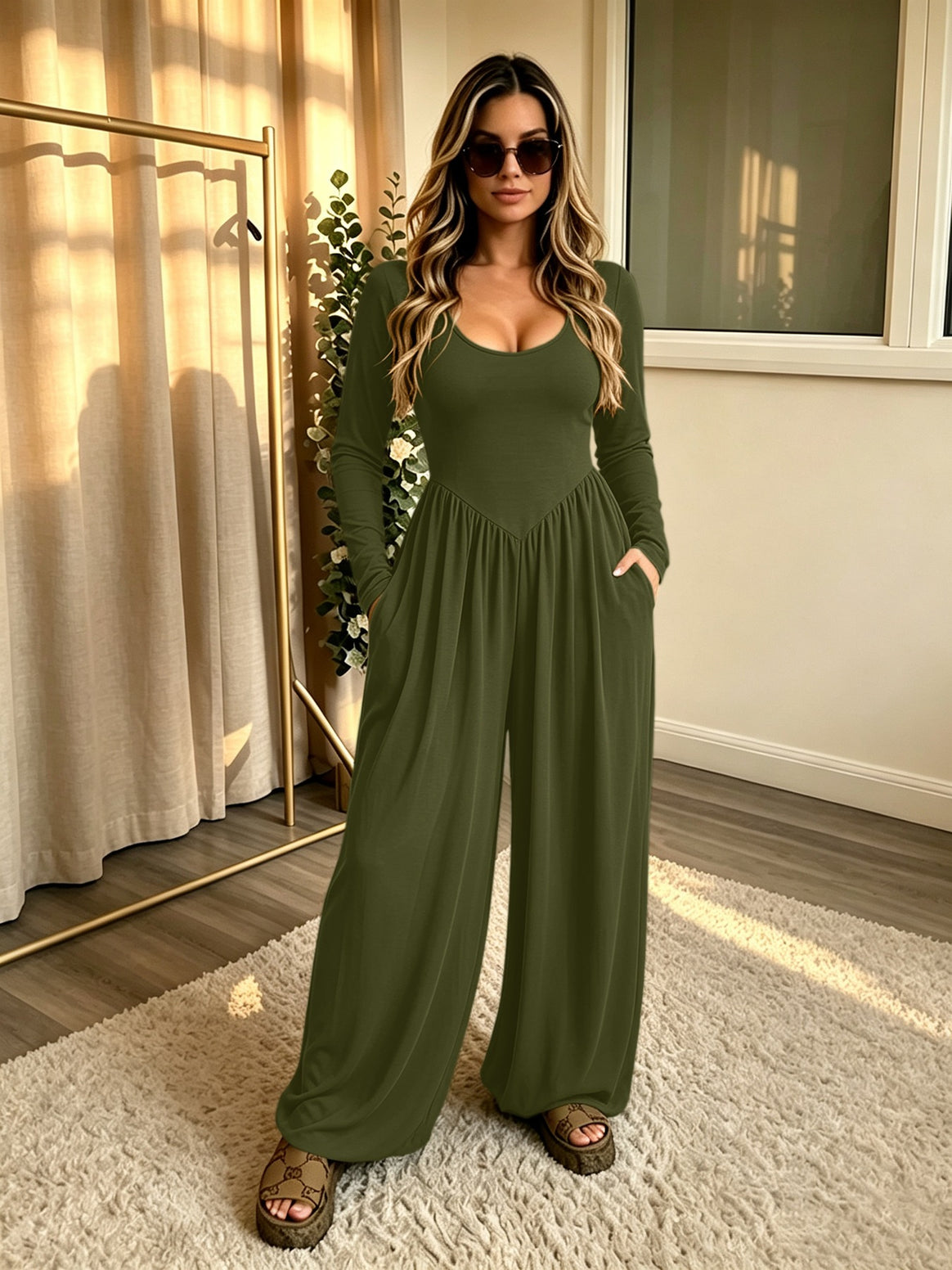 Ladies Long Jumpsuit with Wide Leg, Deep Round Neck and Side Pockets Mune Fashion