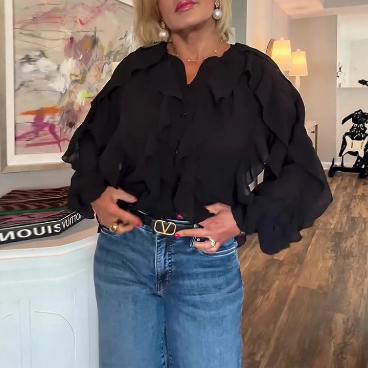 Women's semi-transparent layered ruffle blouse made of chiffon with balloon sleeves and hidden button placket Mune Fashion