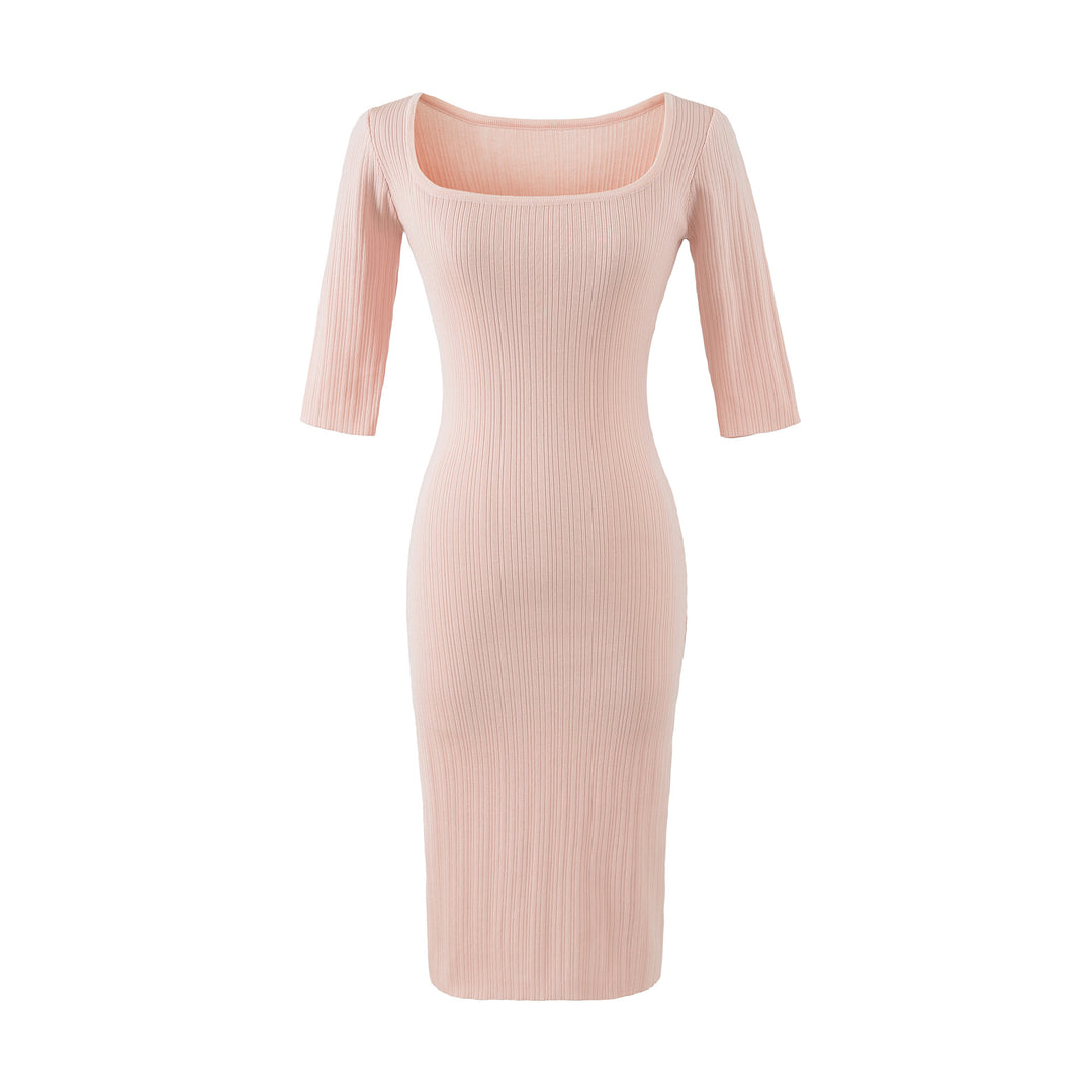 Women's Ribbed Midi Dress with Square Neckline and Three-Quarter Sleeves Mune Fashion