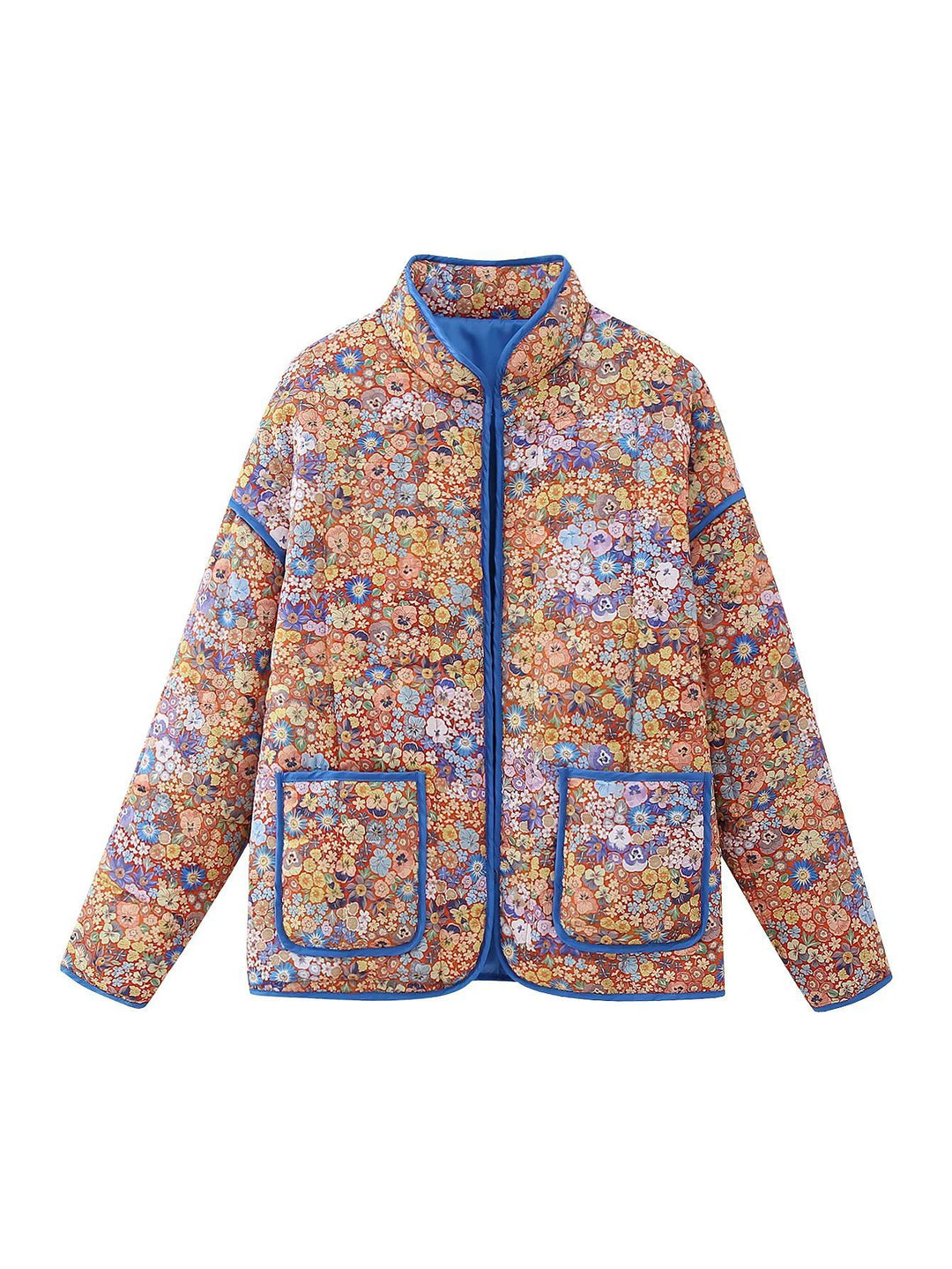 Women's quilted floral jacket with stand-up collar, zipper, and patch pockets Mune Fashion