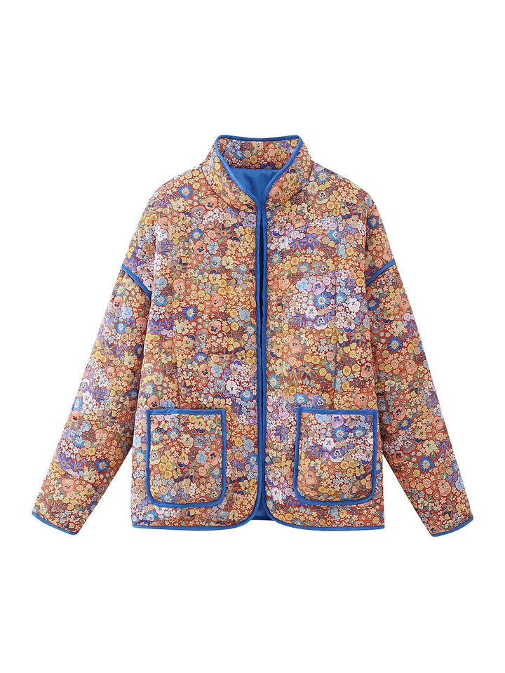 Women's quilted floral jacket with stand-up collar, zipper, and patch pockets Mune Fashion