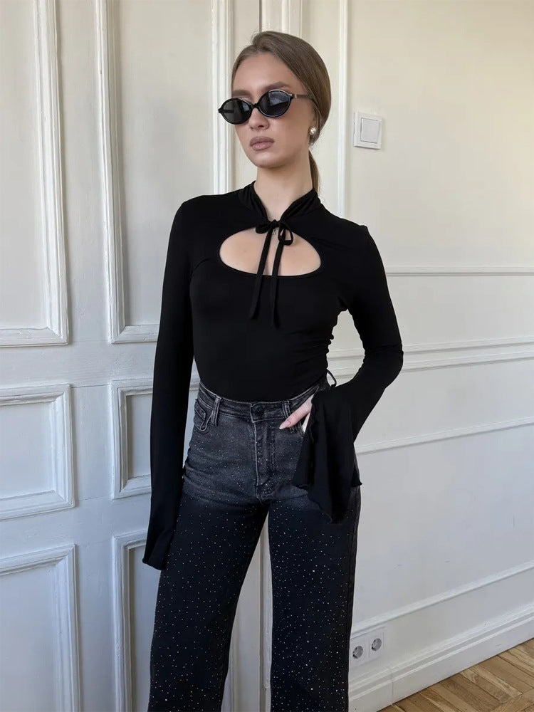 Women's Tailored Long Sleeve Shirt with Cut-Out and Flared Ruffle Sleeves Mune Fashion