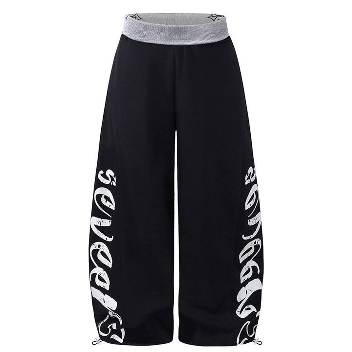 Women's Wide Palazzo Jogging Pants with High Comfort Waistband, Side Text Print and Adjustable Hem Mune Fashion