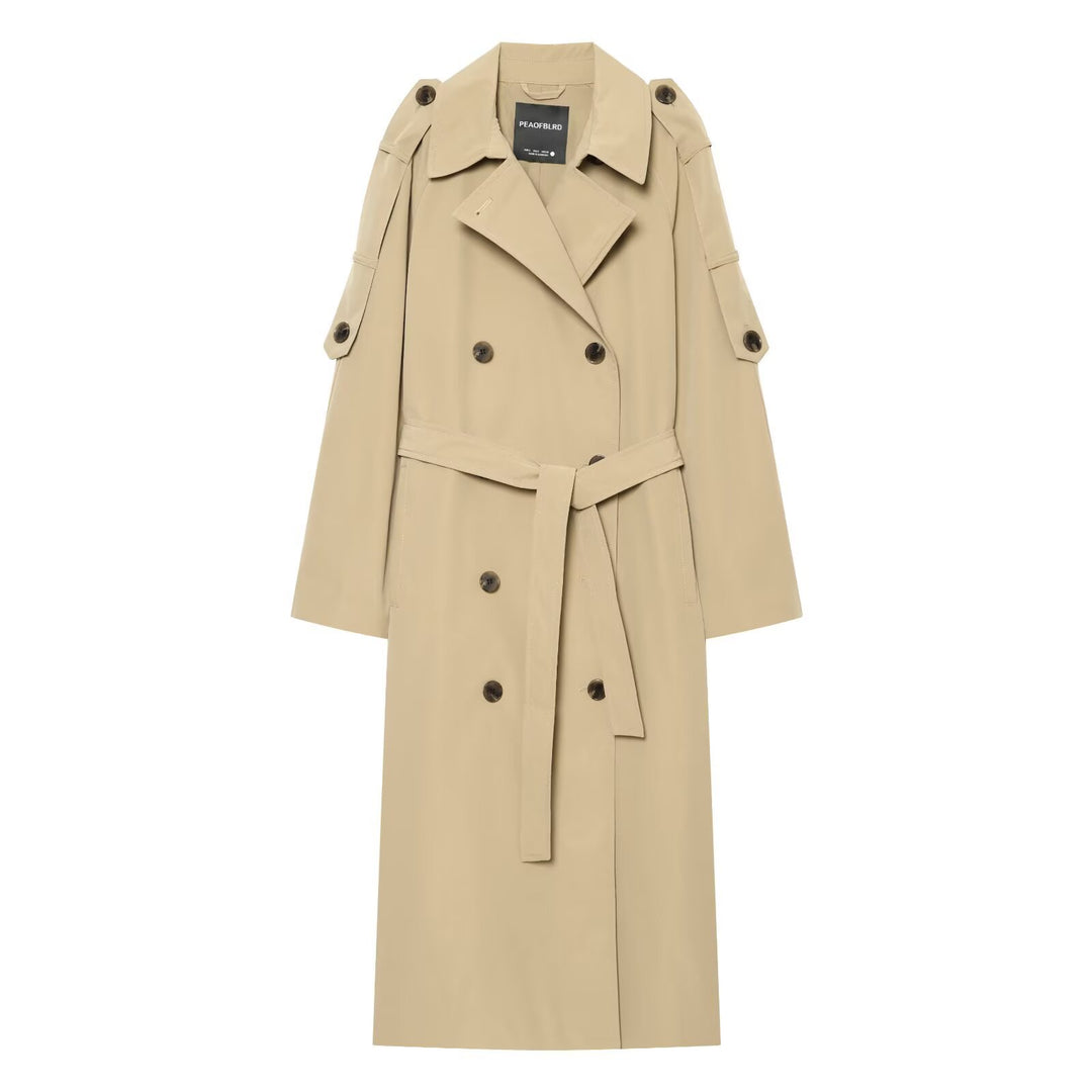 Women Double-breasted Trench Coat with Removable Cape Sleeves and Waist Belt Mune Fashion