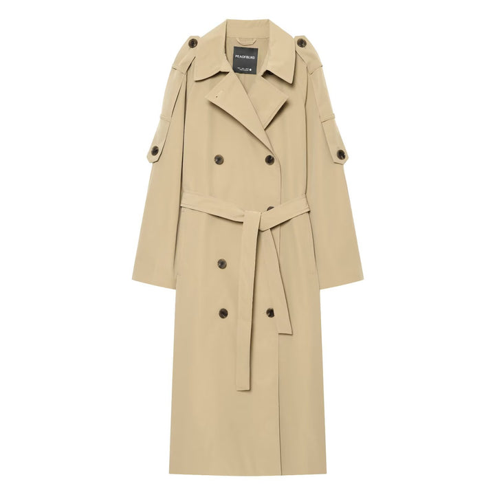 Women Double-breasted Trench Coat with Removable Cape Sleeves and Waist Belt Mune Fashion
