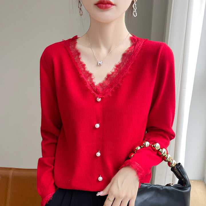 Women's Delicate V-Neck Fine Knit Cardigan with Floral Lace Edge and Bead Decoration Mune Fashion