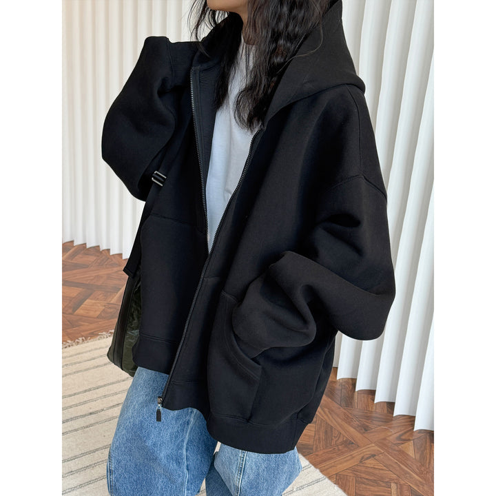 Women Oversize Bonded Fleece Hooded Jacket with Two-Way Zipper Mune Fashion