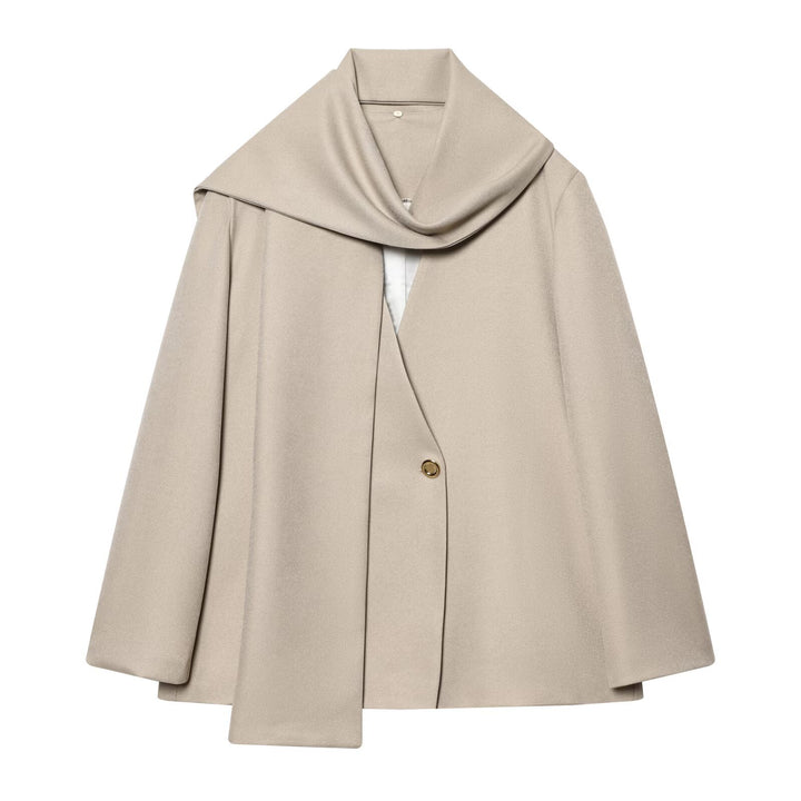 Women's Short Cape Coat with Overlapping Shawl Collar and One-Button Closure Mune Fashion