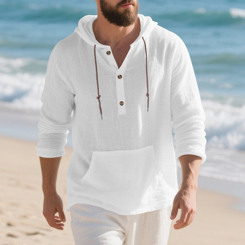Men's Lightweight Hooded Henley Made of Cotton-Linen with Kangaroo Pocket Mune Fashion