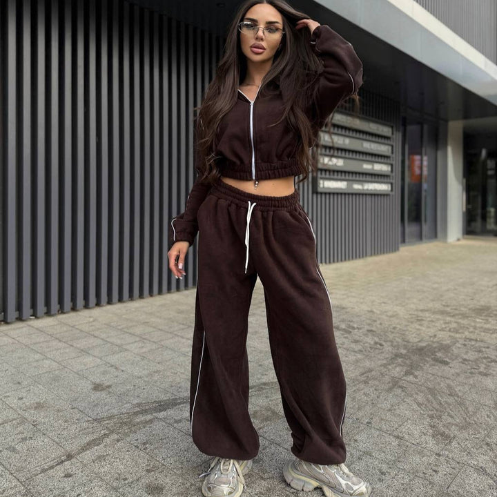 Women's Cropped Zip Fleece Set with Tailored Drawstring and Wide Pant Leg Mune Fashion