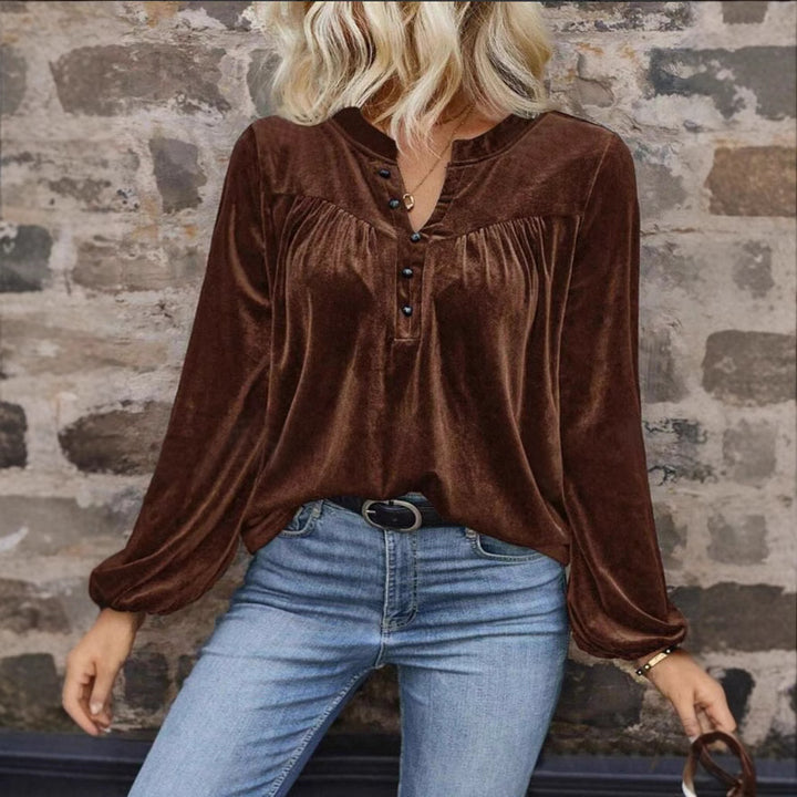 Women's velour sweatshirt with Henley button placket, gathered chest yoke, and relaxed silhouette Mune Fashion