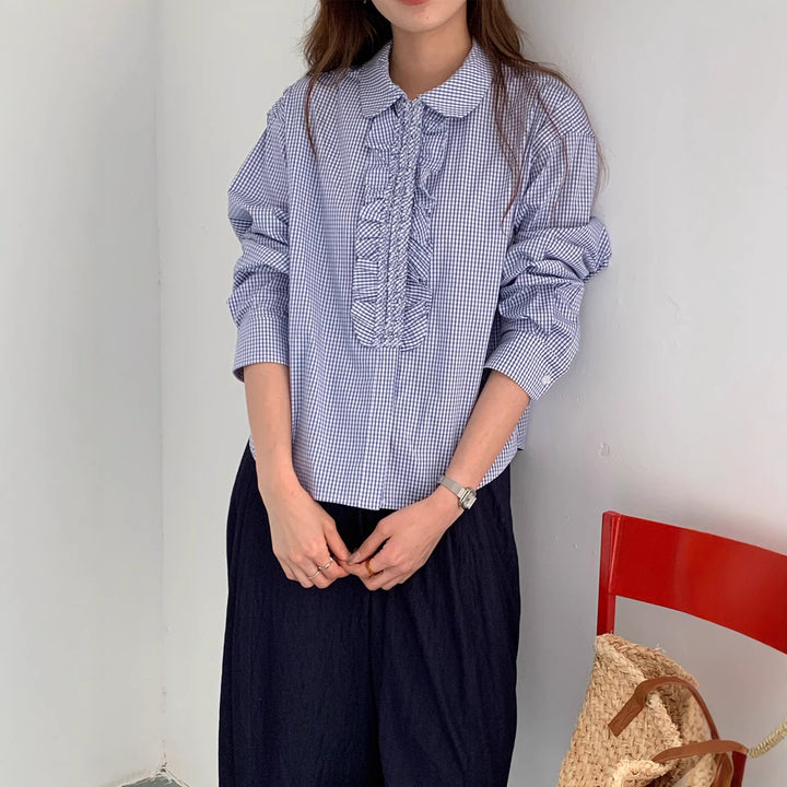 Damen Karierte Bluse mit Rüschendetails Mune Fashion