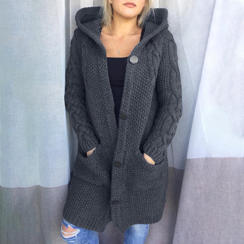 Damen Oversize Kapuzen-Strickmantel mit Zopfstrickärmeln und Eingrifftaschen Drune