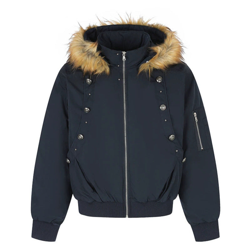 Women's short-cut bomber jacket with faux fur hood and eyelet application Mune Fashion