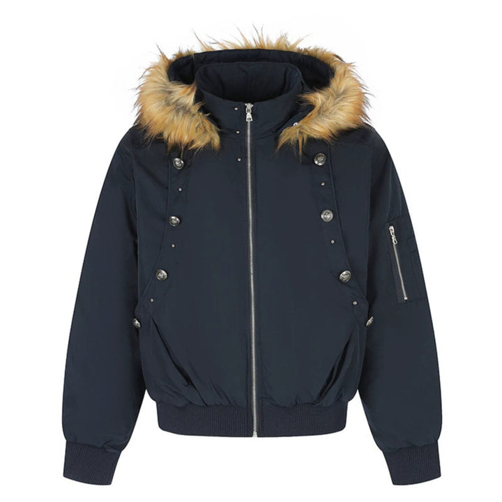 Women's short-cut bomber jacket with faux fur hood and eyelet application Mune Fashion