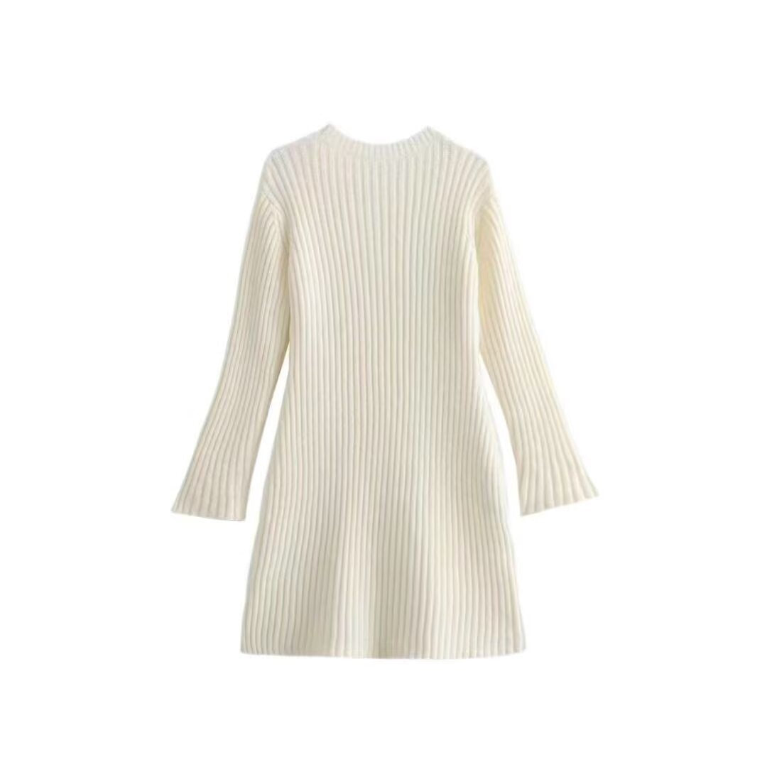 Women's Ribbed Knit Dress with Flared A-Line and Wide Cuffs Mune Fashion