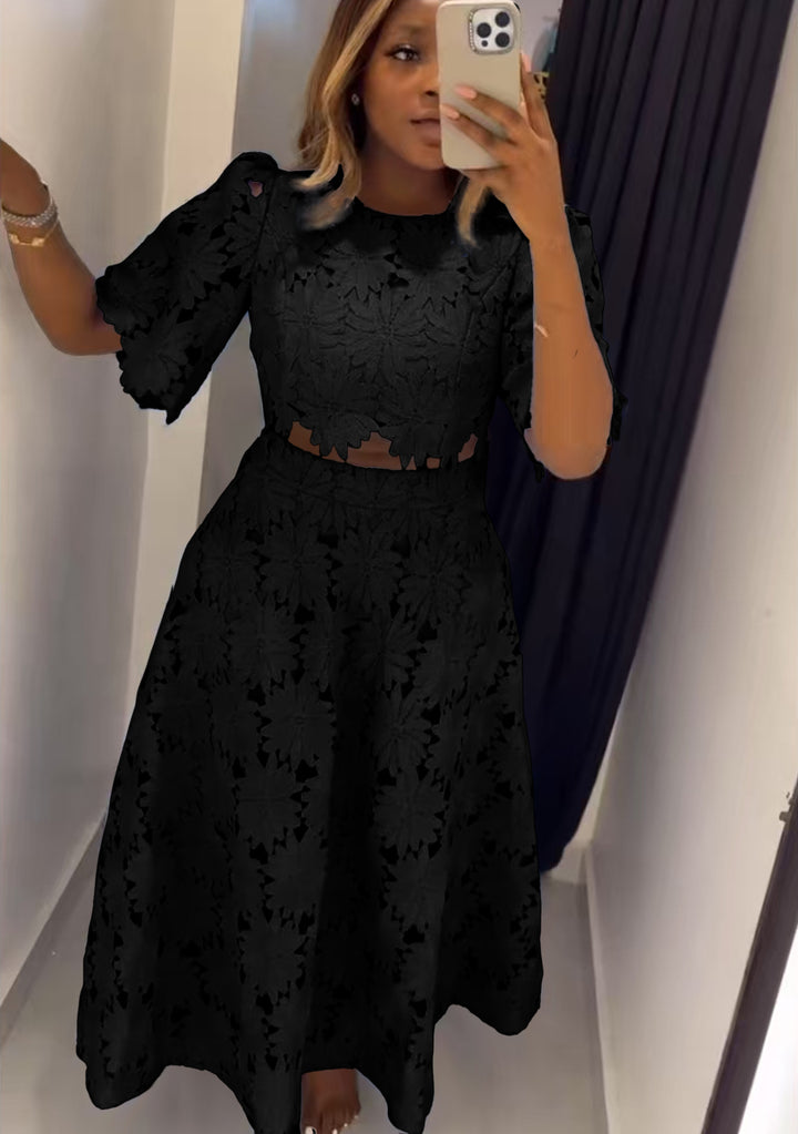 Ladies two-piece guipure lace set with cropped blouse and flared midi skirt Mune Fashion
