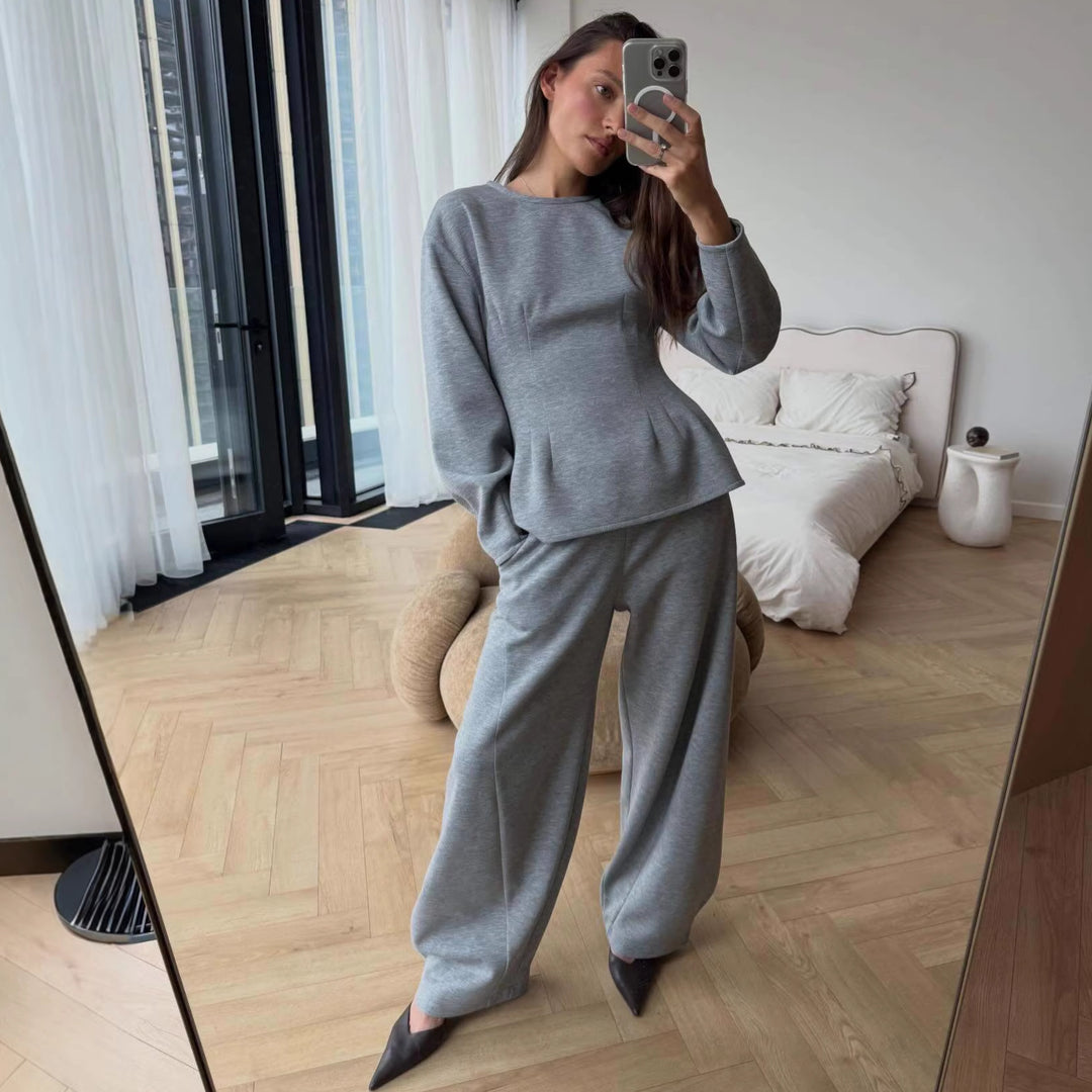 Women's Tailored Peplum Top with Wiener Seams and Wide Lounge Pants Set Mune Fashion