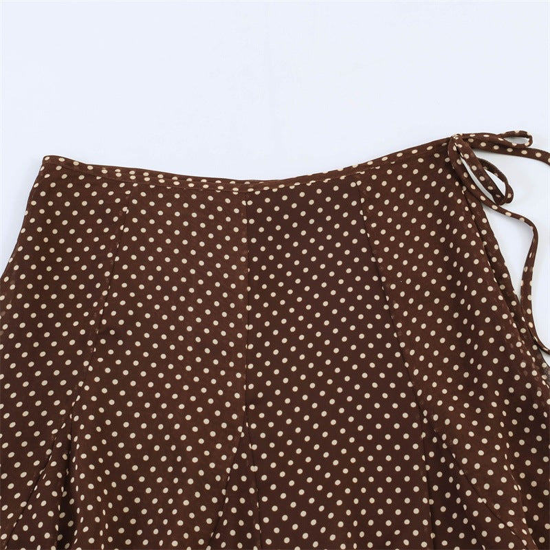 Women's Flowing A-Line Midi Skirt with Polka Dot Print and Tie Bow Mune Fashion