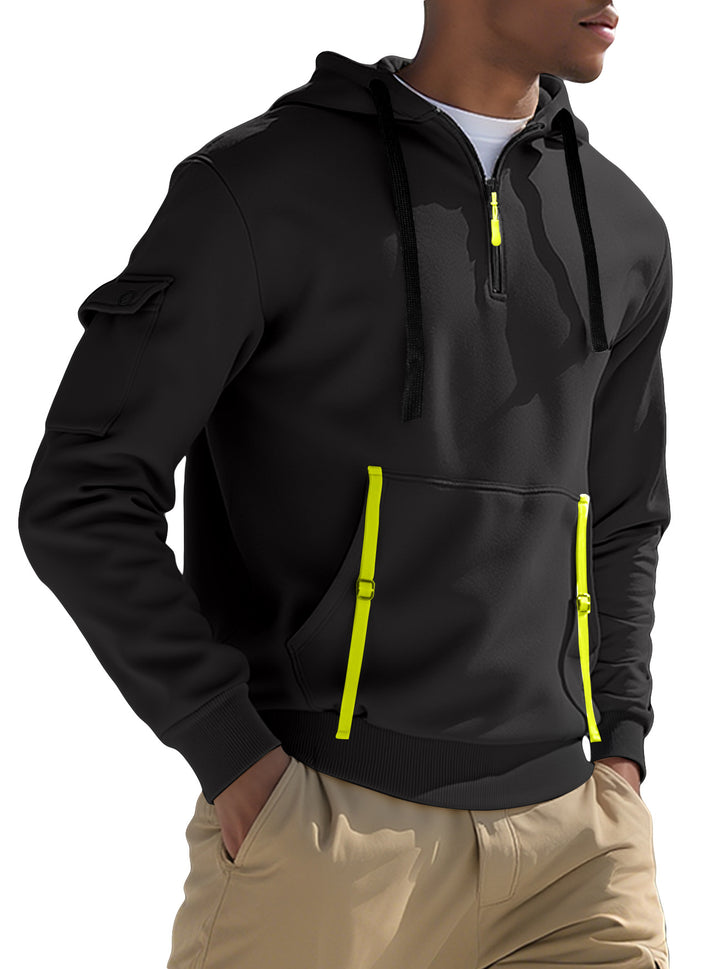 Men's Nano Urban Tech Hooded Half-Zip Pullover with Utility Arm Pocket, Kangaroo Pocket, and Adjustable Zipper Tapes Mune Fashion