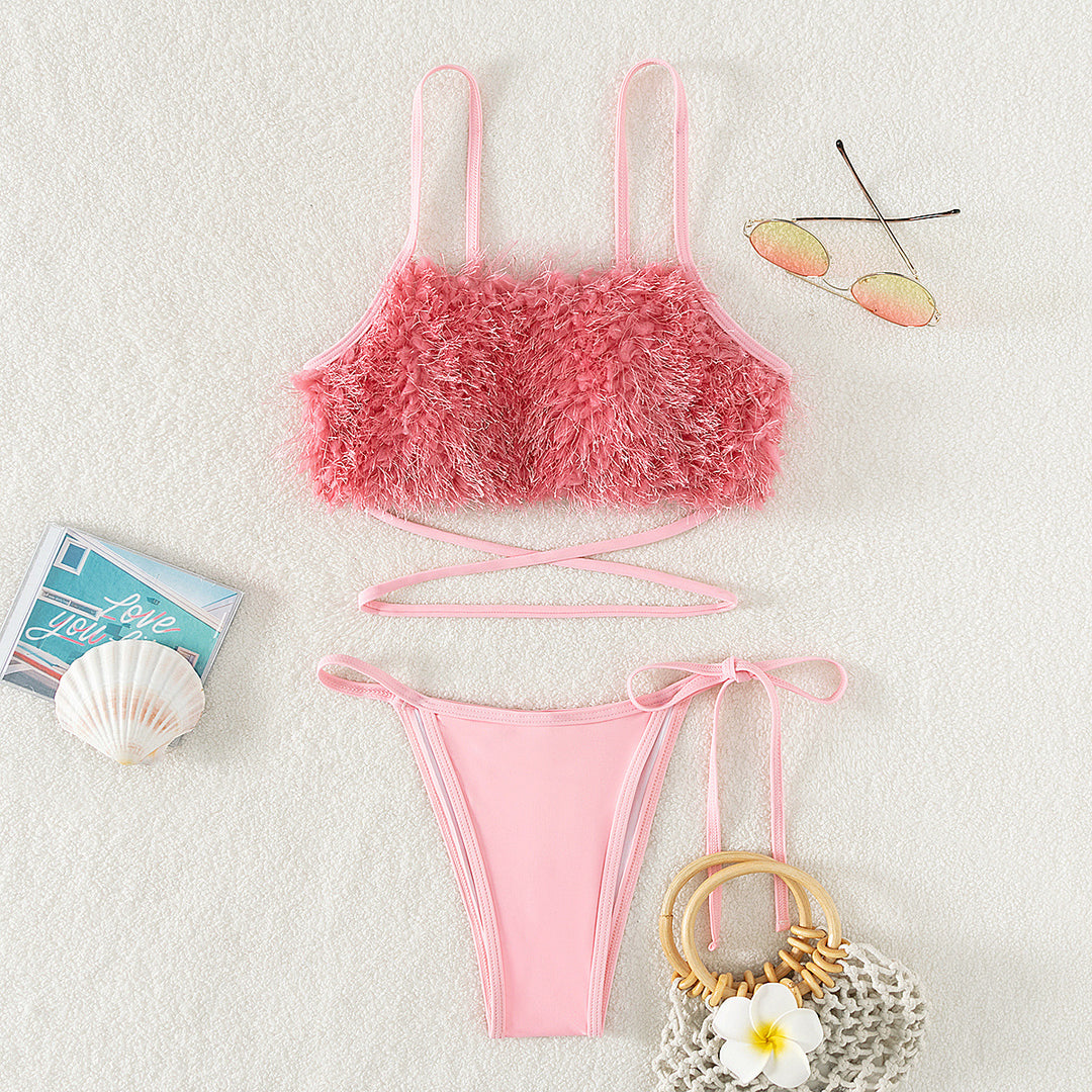 Women Trendy Bikini with Fluffy Top Mune Fashion