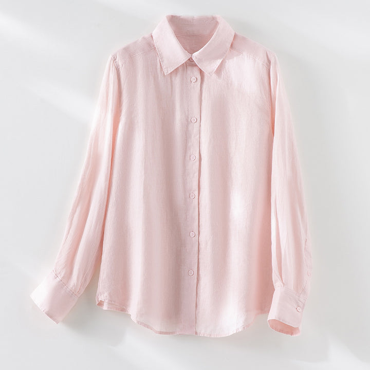 Women Lightweight Oversized Linen Blouse Shirt with Classic Collar and Continuous Button Placket Mune Fashion