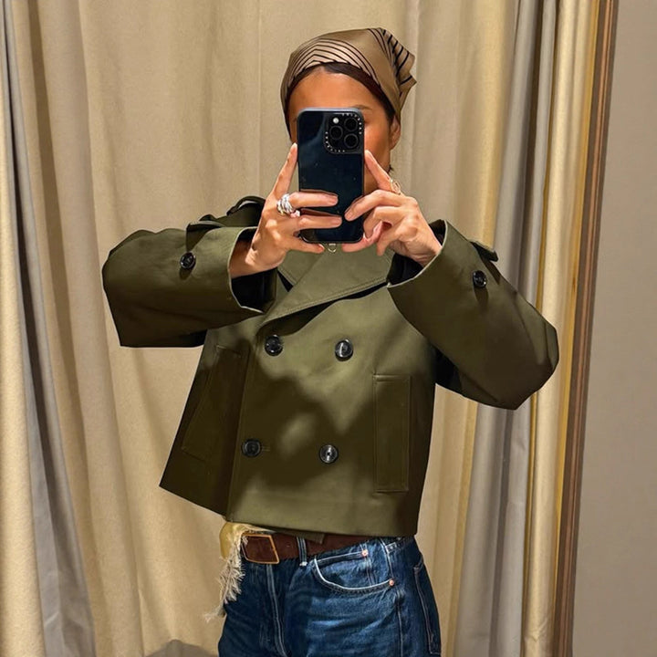 Women's Cropped Double-Breasted Trench Coat with Boxy Silhouette and Patch Pockets Mune Fashion