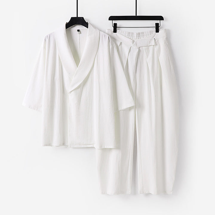 Women's Two-Piece Kimono Loungewear Set with Shawl Collar Short Sleeve Top and High-Waisted Pleated Pants Mune Fashion
