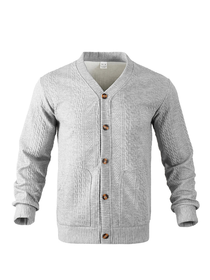 Men's elegant braided knit cardigan with V-neck button placket and patch pockets Mune Fashion