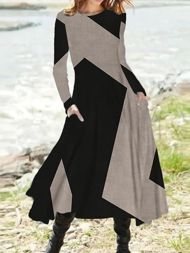 Ladies nan geometric maxi dress with long sleeves, A-line cut and side pockets Mune Fashion