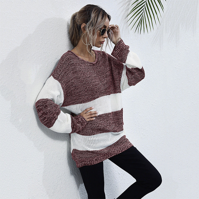 Women's Long Oversized Knit Sweater with Wide Block Stripes and Dropped Shoulder Mune Fashion