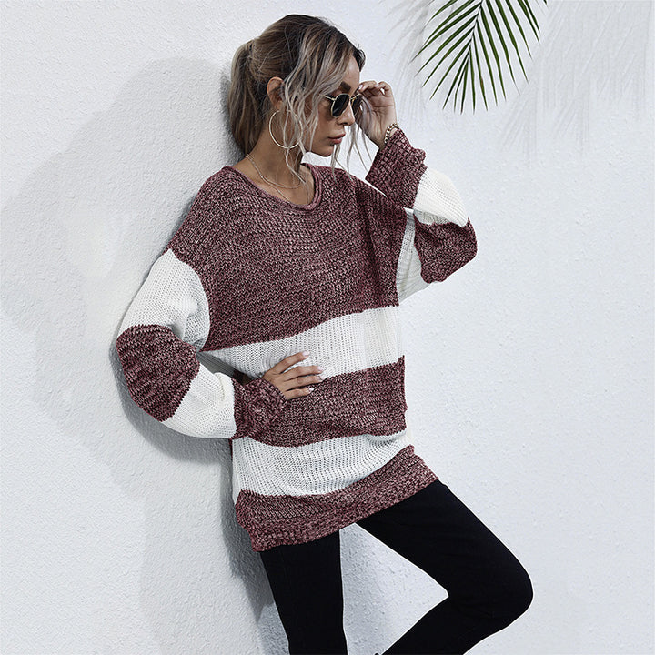 Women's Long Oversized Knit Sweater with Wide Block Stripes and Dropped Shoulder Mune Fashion