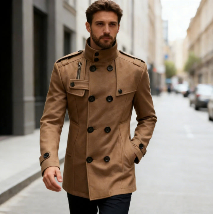 Men's tailored double-breasted short coat with stand-up collar and shoulder flaps Mune Fashion