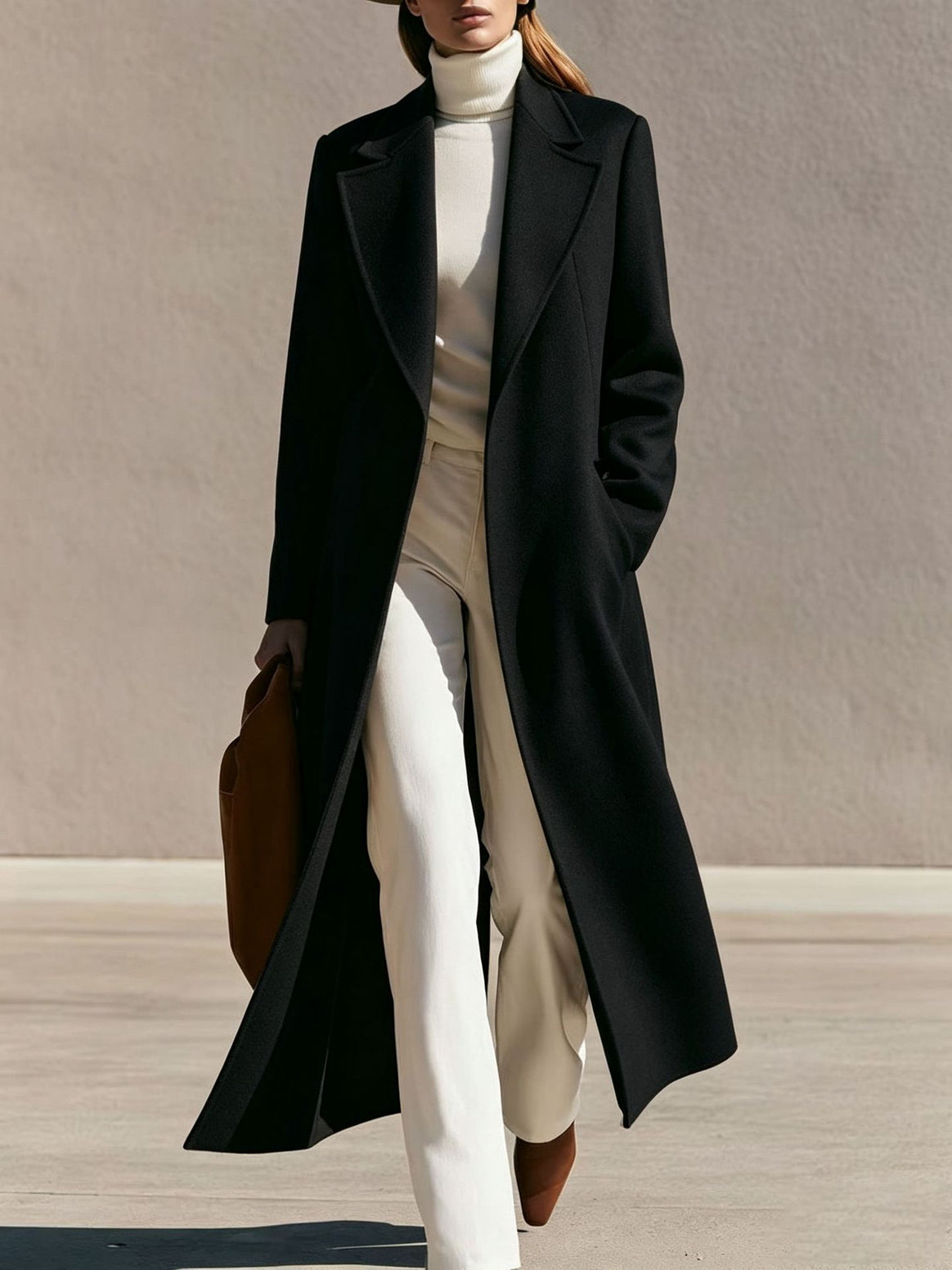 Women Longline Wool Coat with Wide Lapels and Tailored Fit Mune Fashion