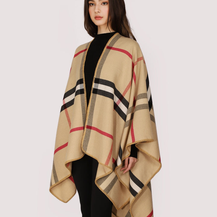 Women's Checked Wool Blend Poncho in Oversized Cape Cut with Decorative Stitch Edge Mune Fashion