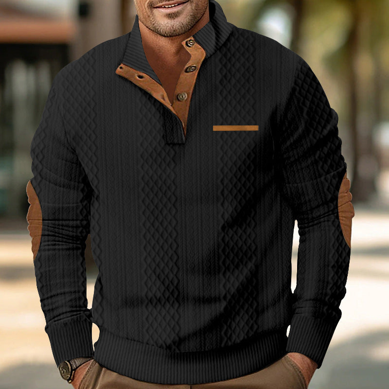 Men's structured stand-up collar pullover with half button placket and elbow patches Mune Fashion