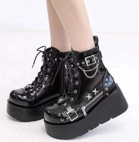 Women's Plateau Biker Ankle Boots with Wide Wedge Sole, Buckles, Chains and Cross Appliqués Mune Fashion